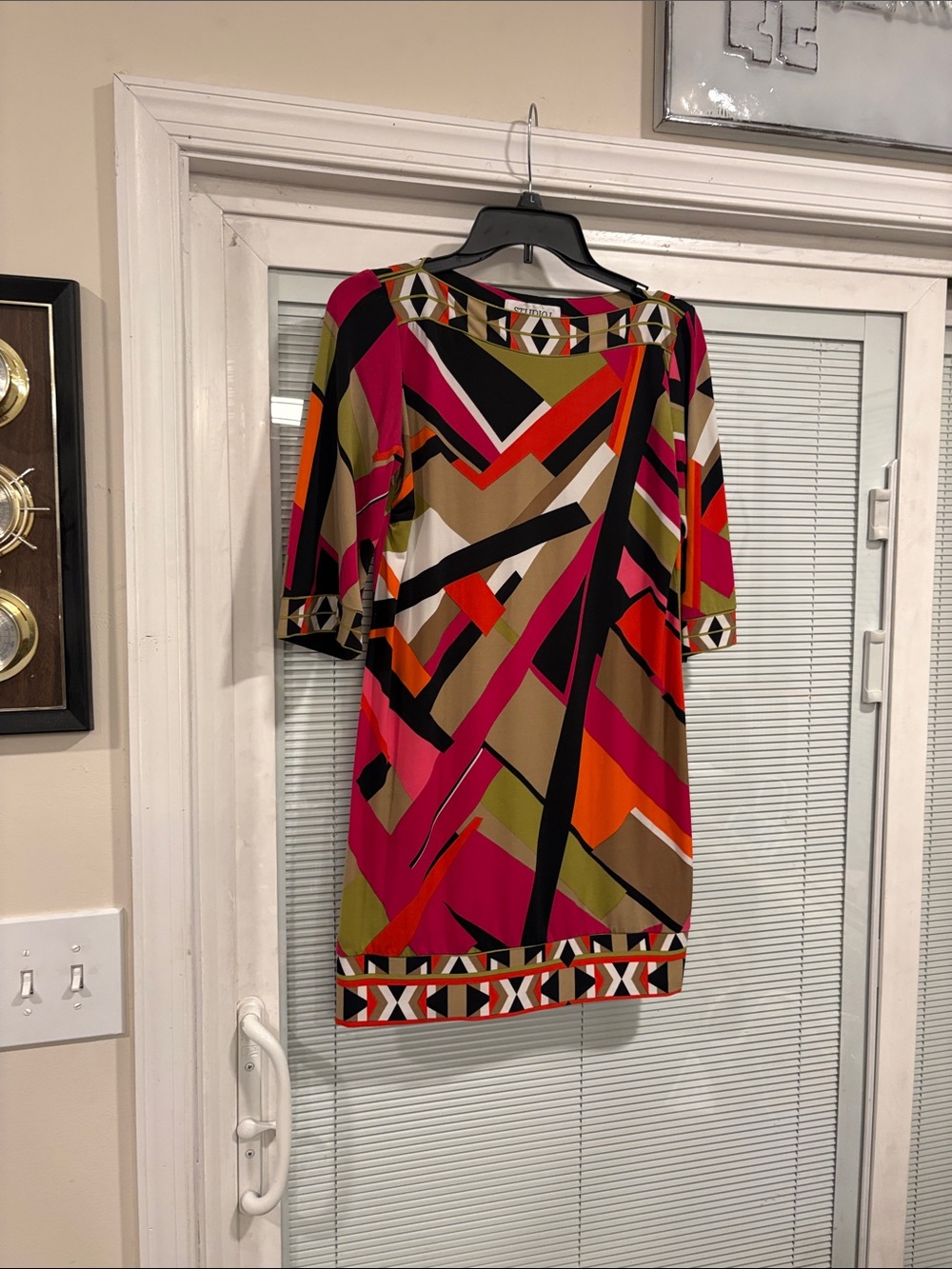 Studio I Geometric Mini Dress in Pink, Orange, Black and Tan